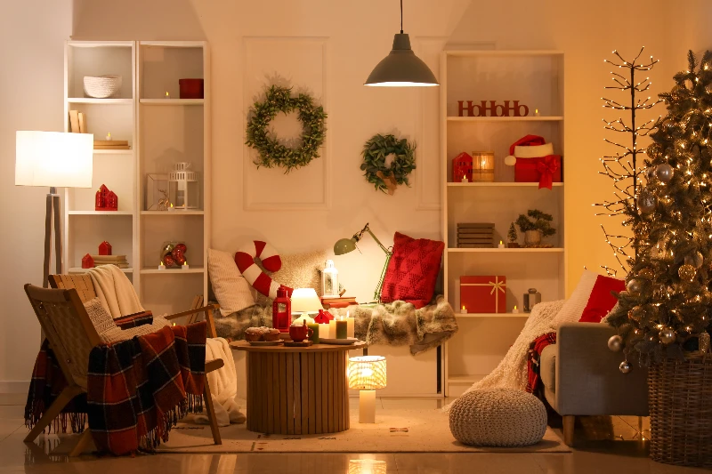 Interior of dark living room with glowing lamp and Christmas tree
