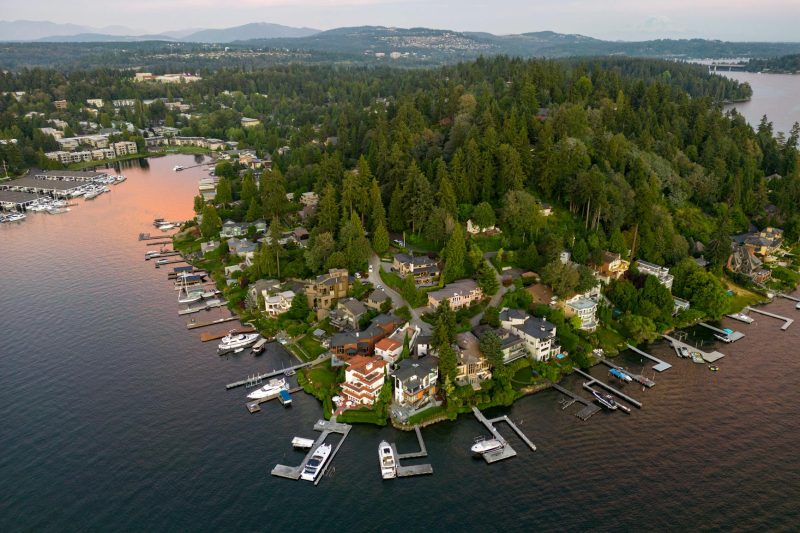 Aerial view of waterfront homes, a marina, lush greenery, and distant mountains during sunset.