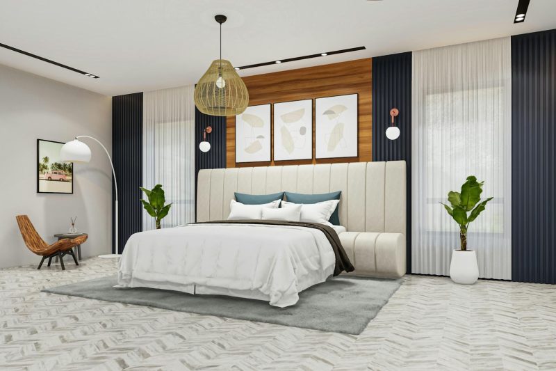 Contemporary bedroom featuring sleek decor, a large window, and ample natural light.